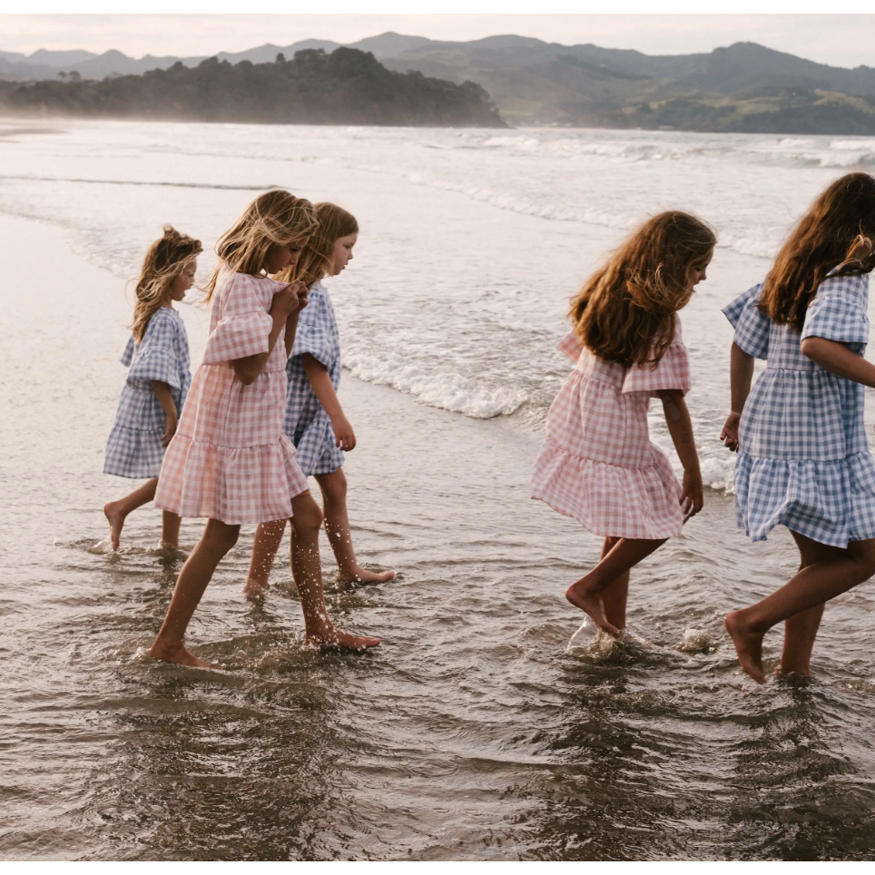 gingham summer linen dress in candy pink
