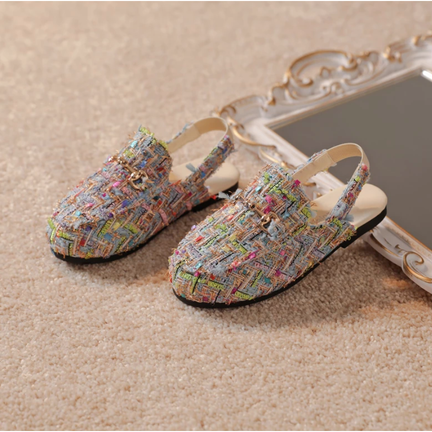 multicolor tweed slides