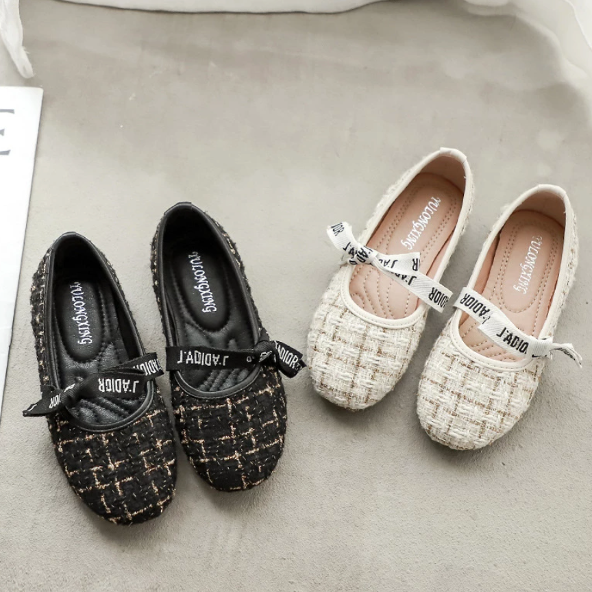 tweed ribbon flats in black