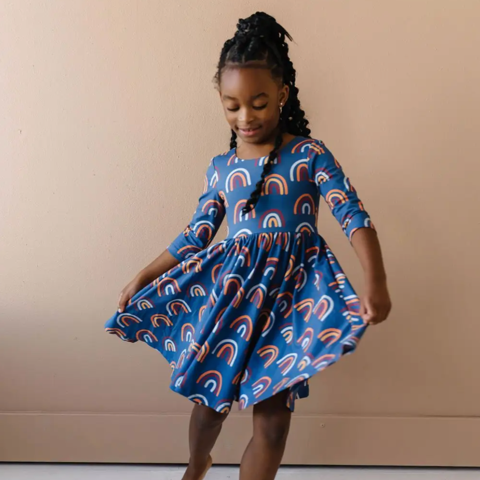 autumn dress in navy rainbow