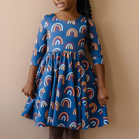 autumn dress in navy rainbow