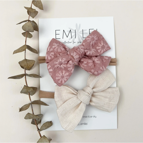 nylon stretchy headband bow set in embroidered blush and ivory linen