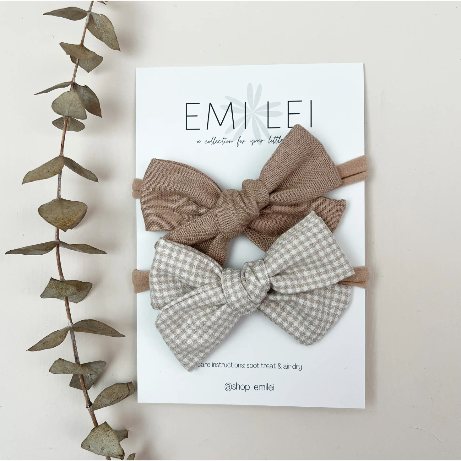 nylon stretchy headband bow set in taupe linen and check