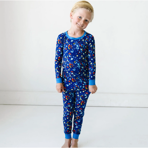 blue paint party two-piece bamboo viscose pajama set