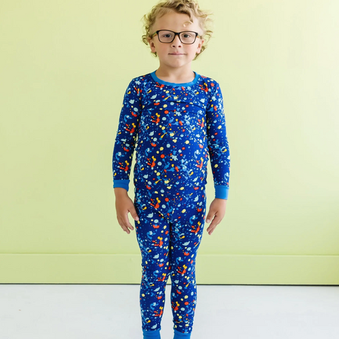 blue paint party two-piece bamboo viscose pajama set