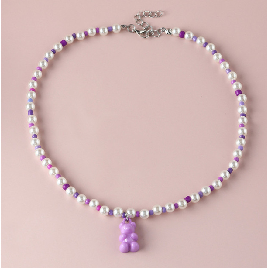 gummy bear beaded pearl necklace in purple