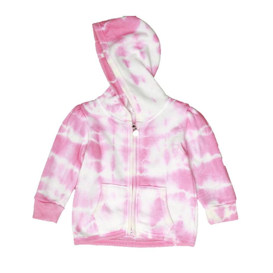 puff sleeve hooded zip jacket in pink tie dye