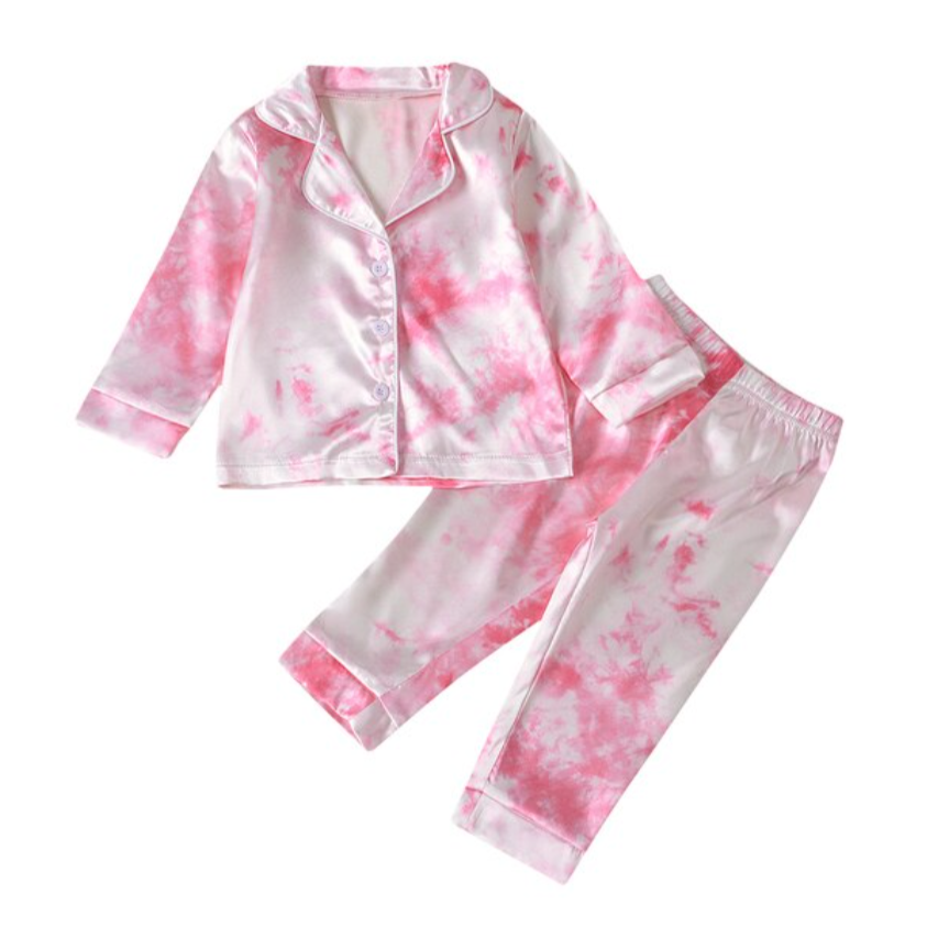  satin pajamas in pink tie dye