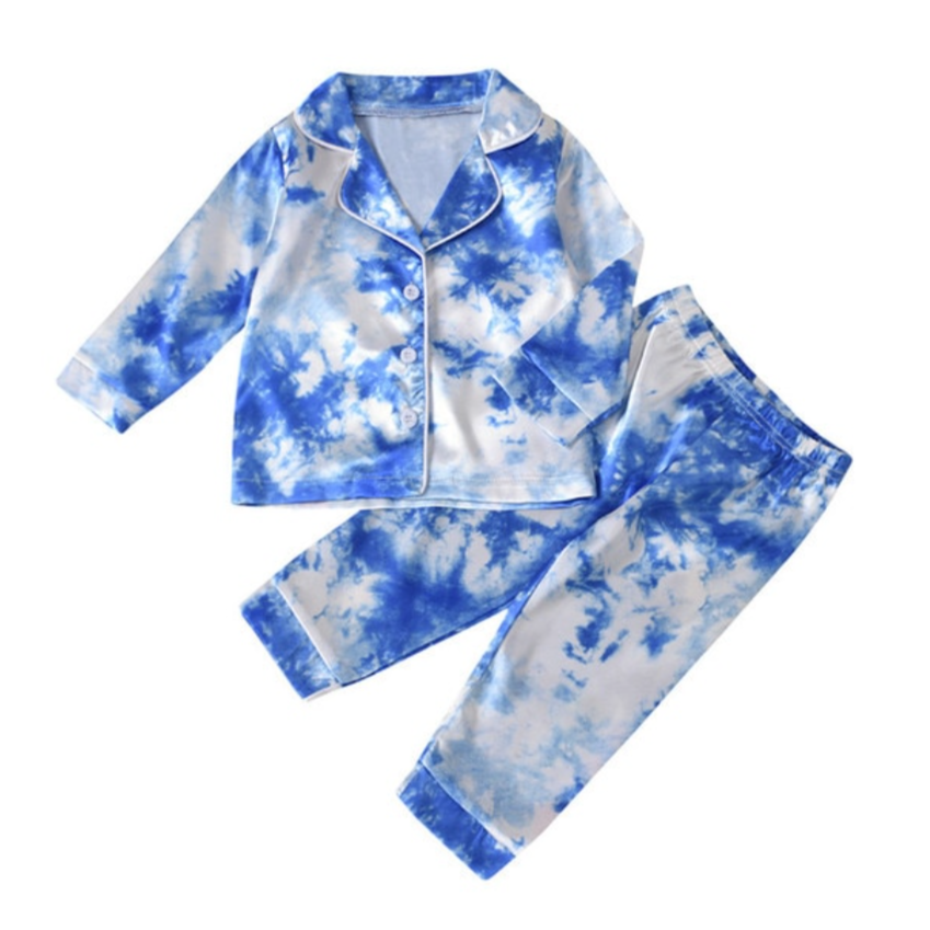 satin pajamas in blue tie dye