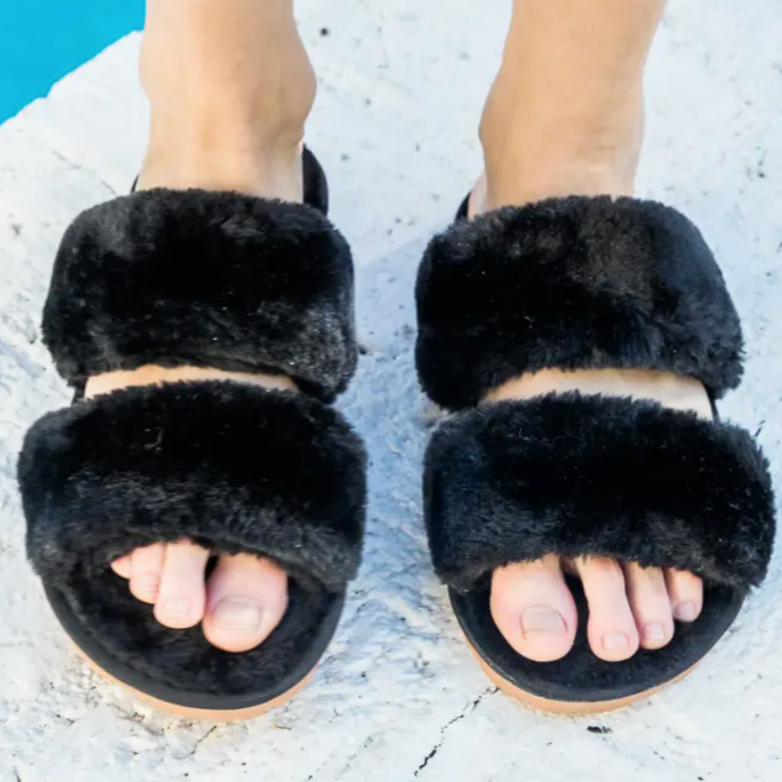 fur slippers in black