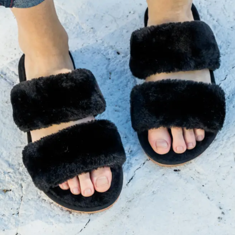 fur slippers in black