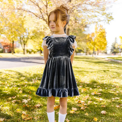 pinny dress in blue velvet