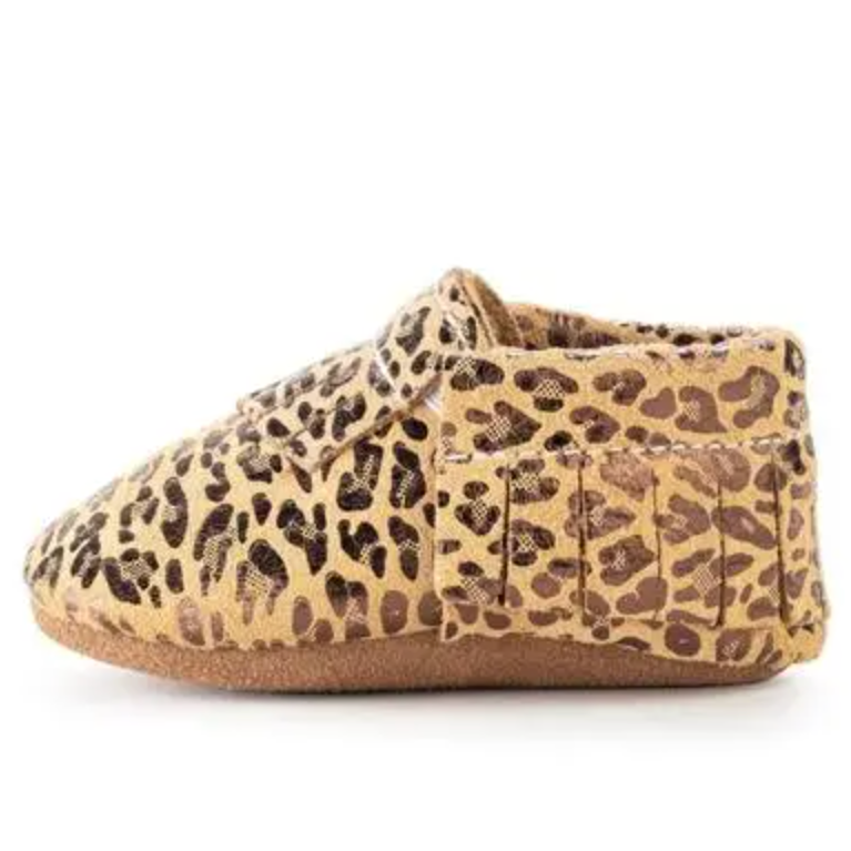 leather baby moccasins in leopard