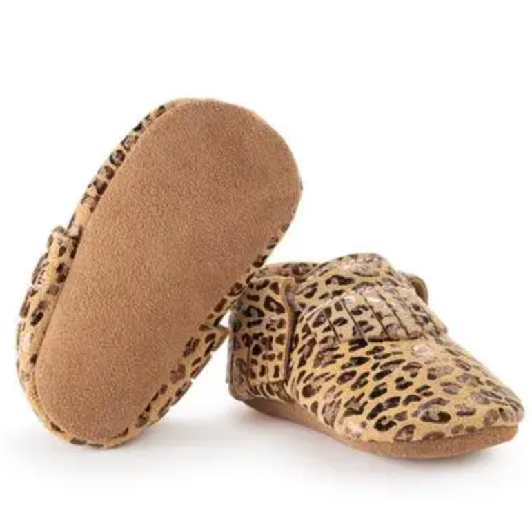 leather baby moccasins in leopard