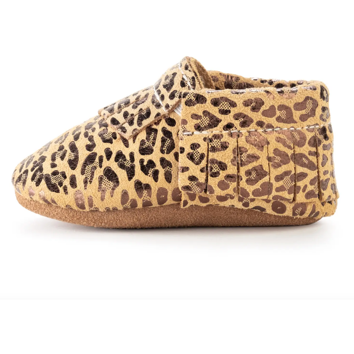 leather baby moccasins in leopard