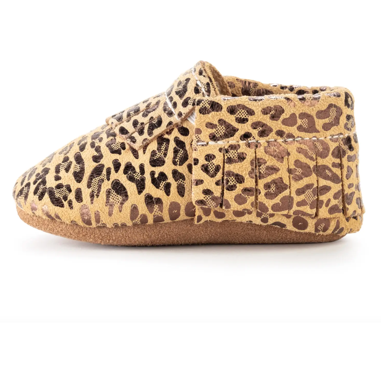 leather baby moccasins in leopard