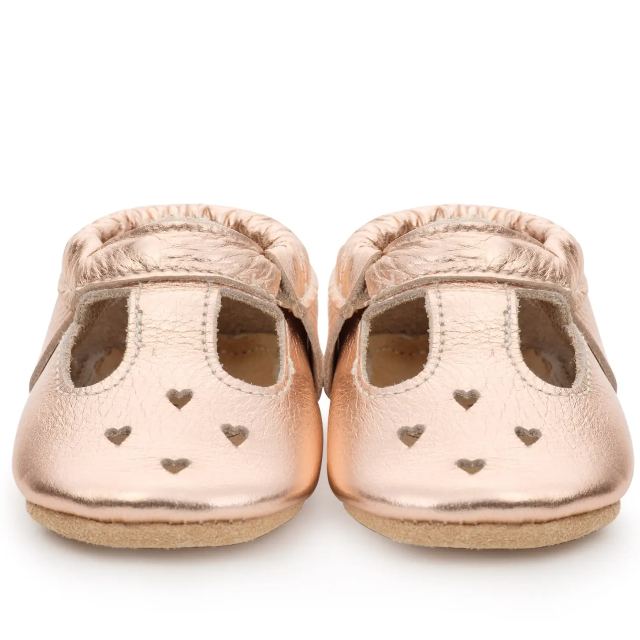 leather baby mary janes in rose gold
