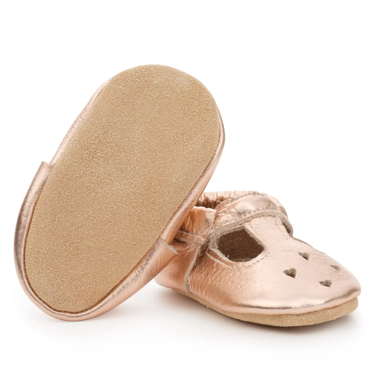 leather baby mary janes in rose gold