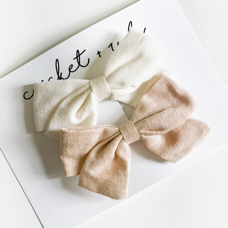 linen bow headband - tan & white