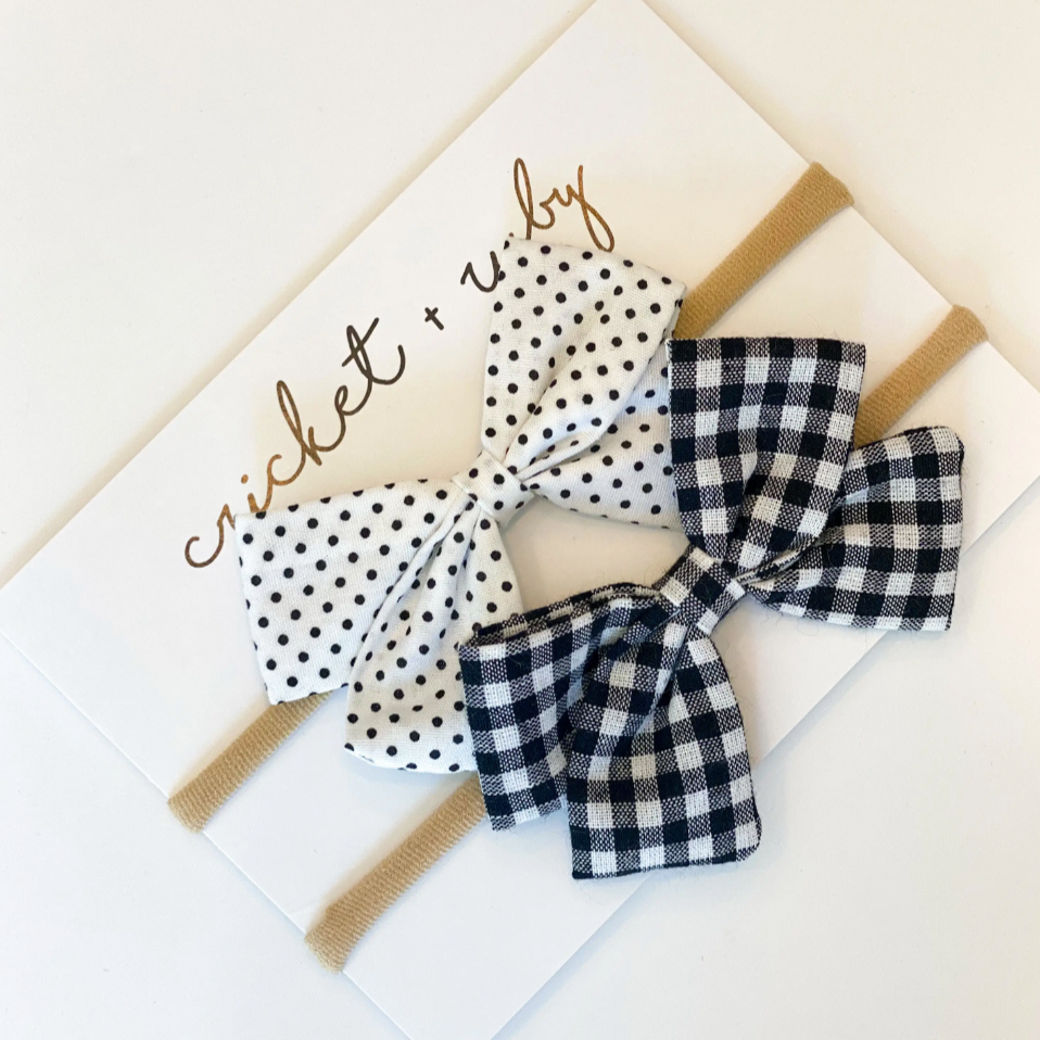 linen bow headband | black gingham &amp; dot