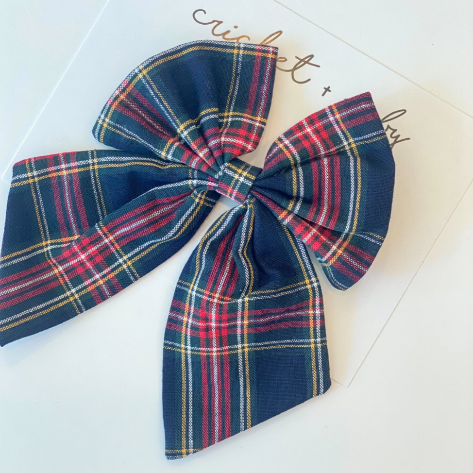 oversized linen bow clip | midnight plaid