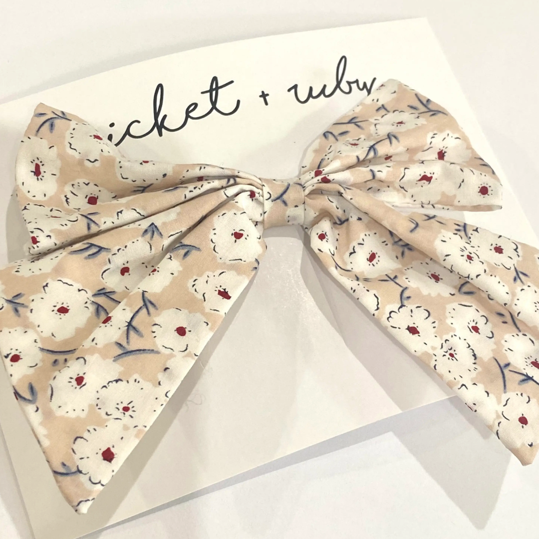 oversized linen bow clip | tan floral