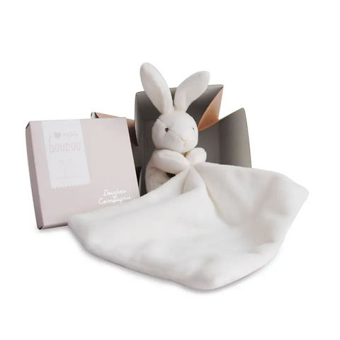 small bunny with doudou baby blanket in flower box