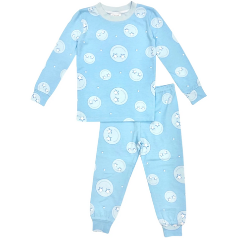 blue smiley long sleeve pajama set