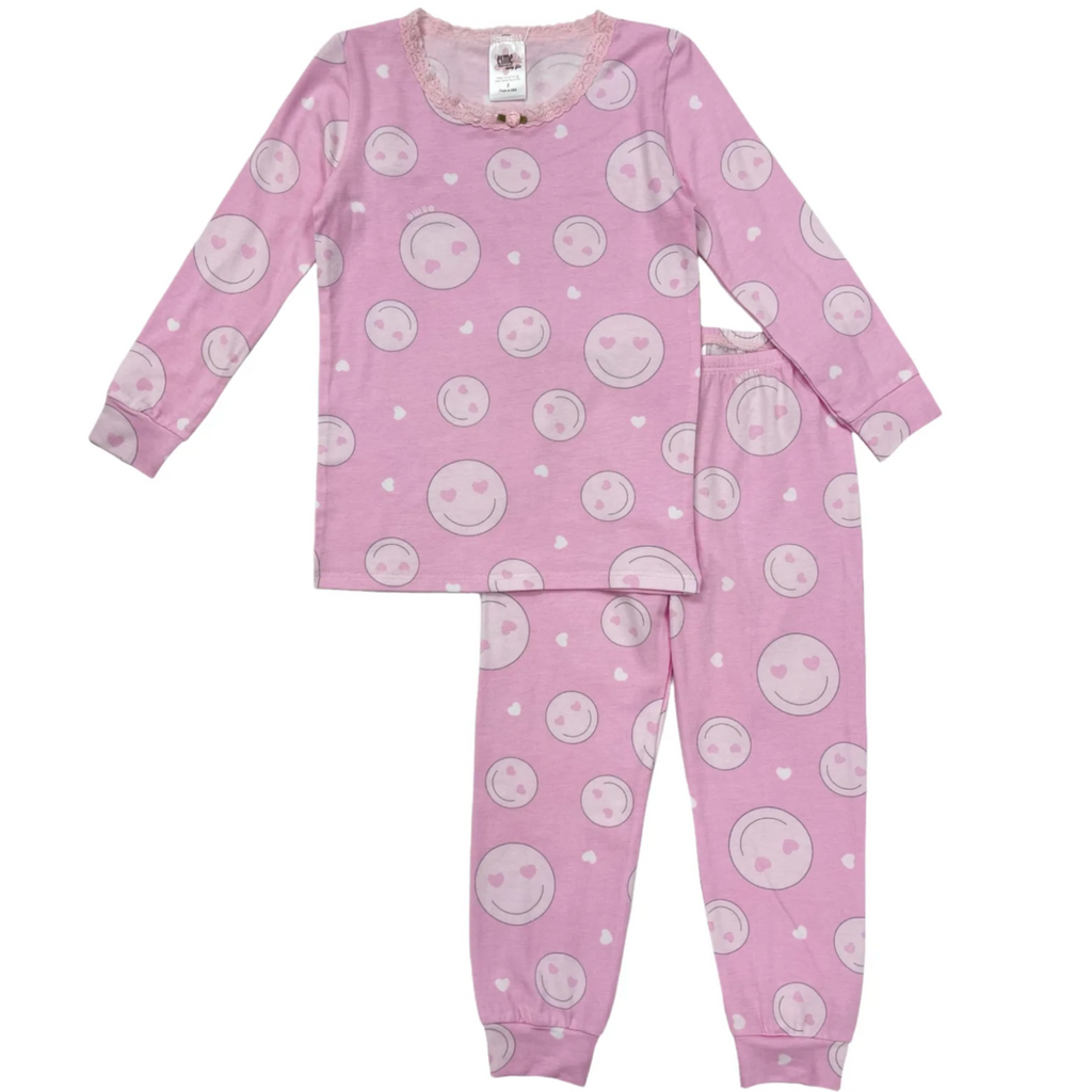 pink smiley long sleeve pajama set