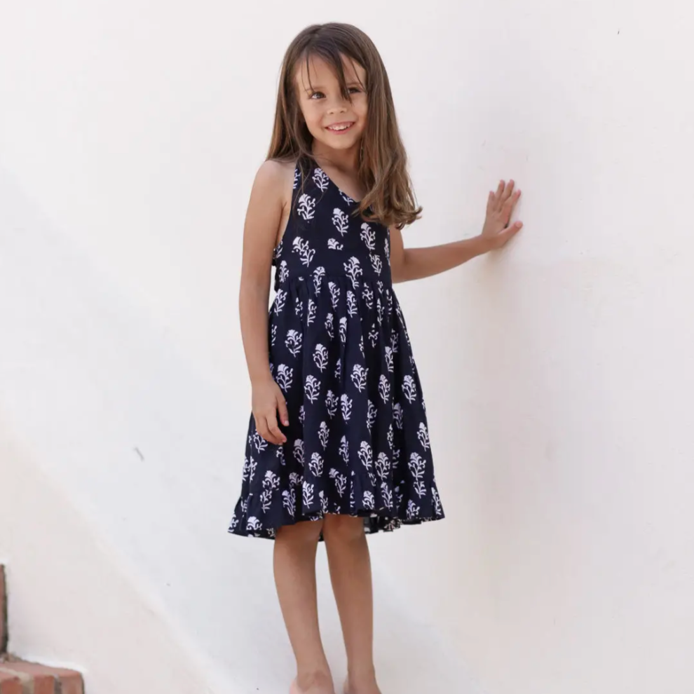 halter dress in cream in dark blue flower print
