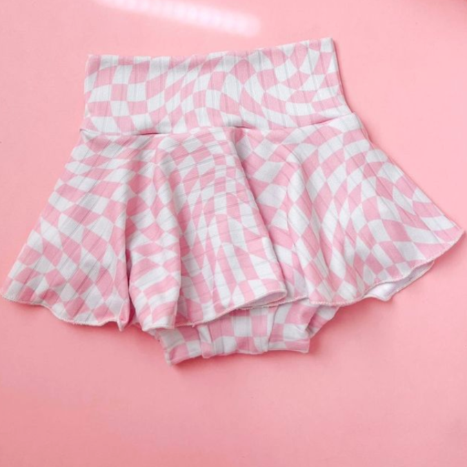 skirted bummie | pink wavy check