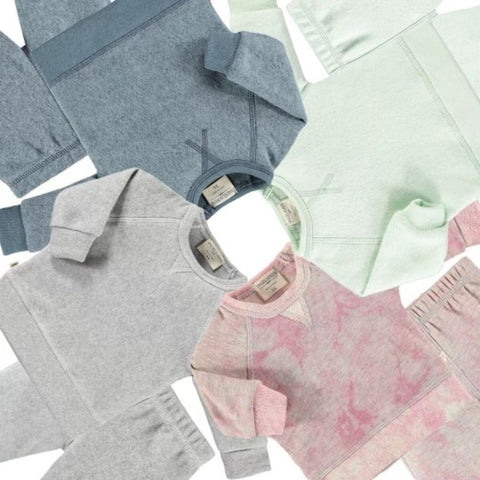organic kids lounge set in heathered grey pink tie dye