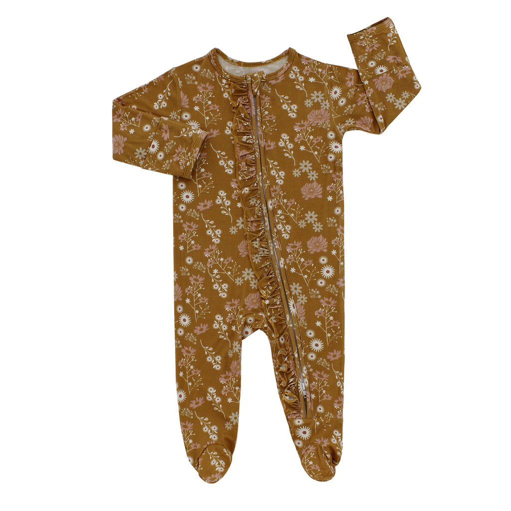 bamboo baby pajamas in mustard floral