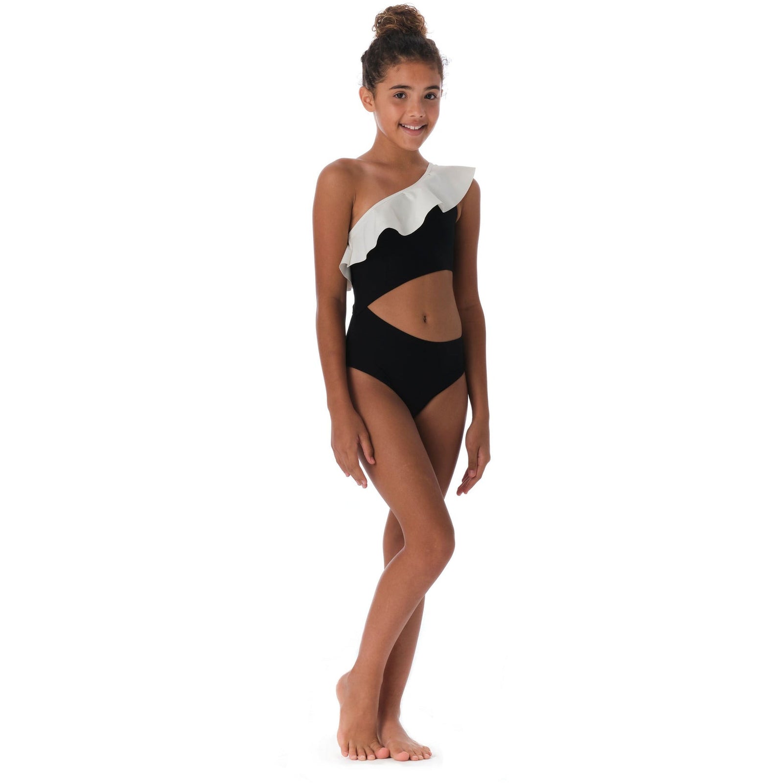 black ruffle one piece suit