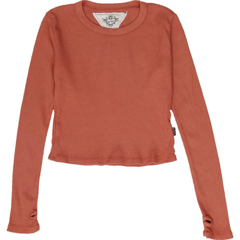 crew long sleeve crop top with thumbhole in rust