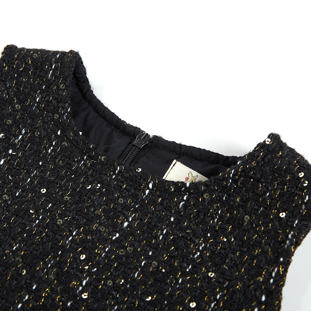 feather trim tweed dress