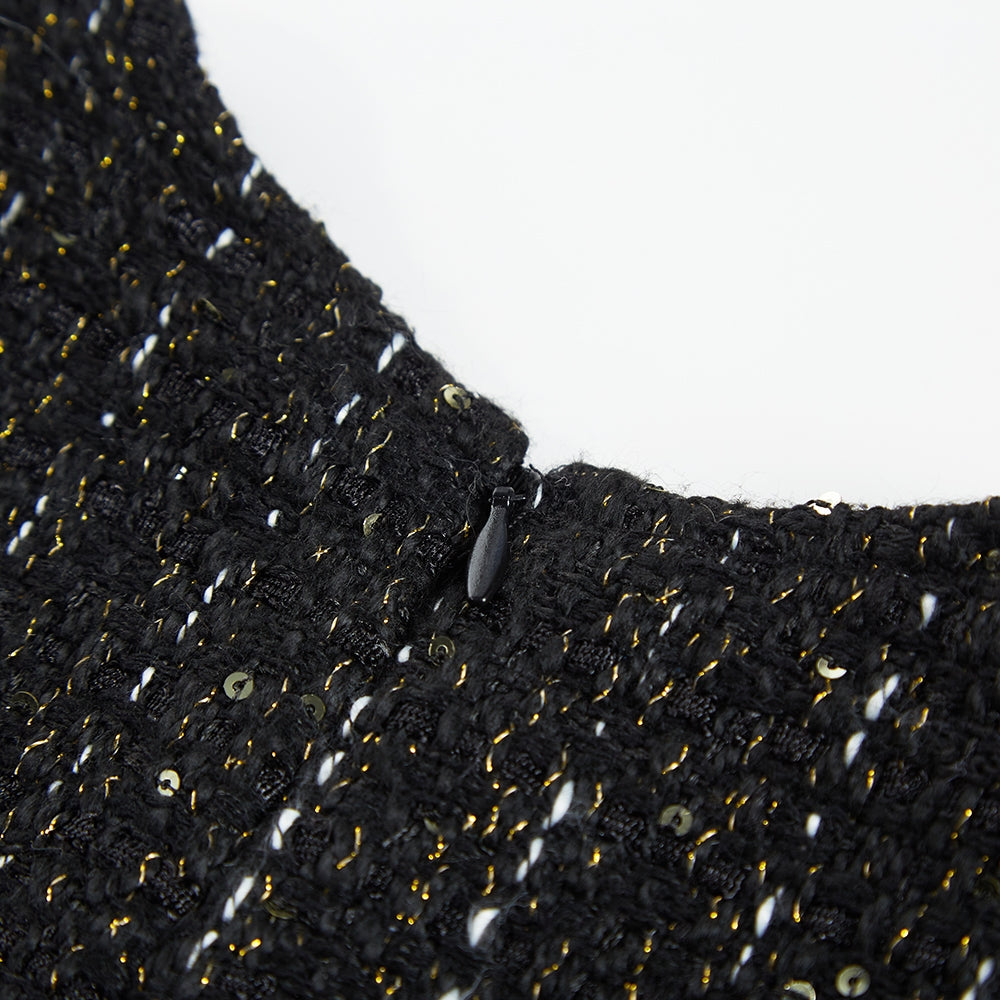 feather trim tweed dress