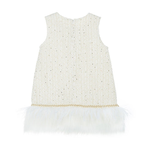 feather trim tweed dress in ivory