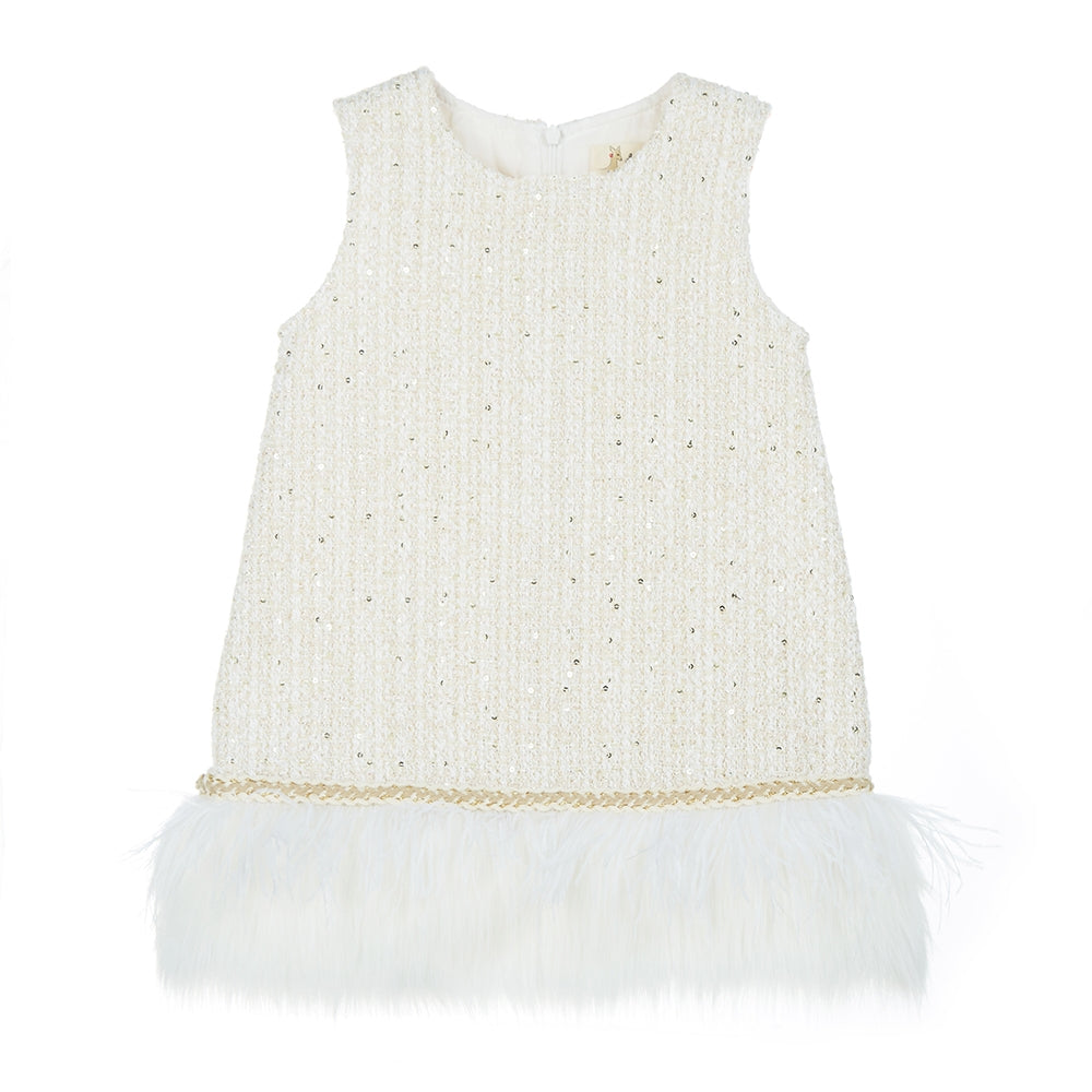 feather trim tweed dress in ivory