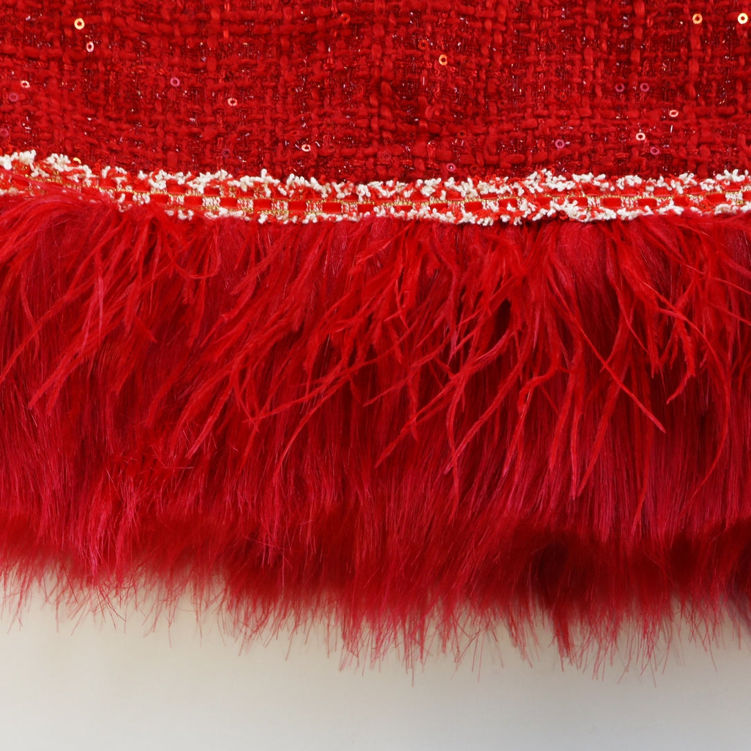 feather trim tweed dress in red