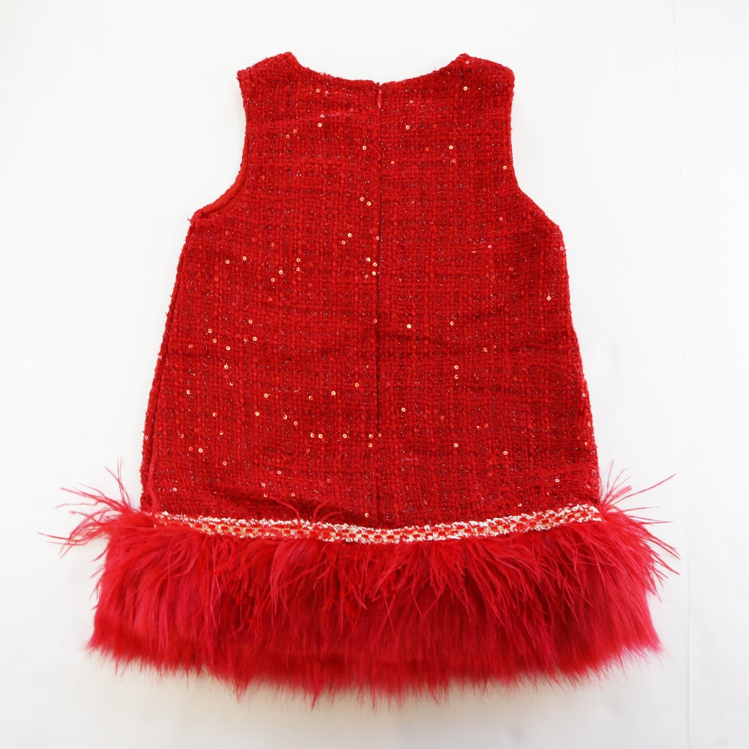 feather trim tweed dress in red