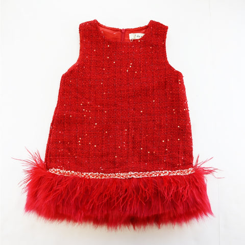 feather trim tweed dress in red