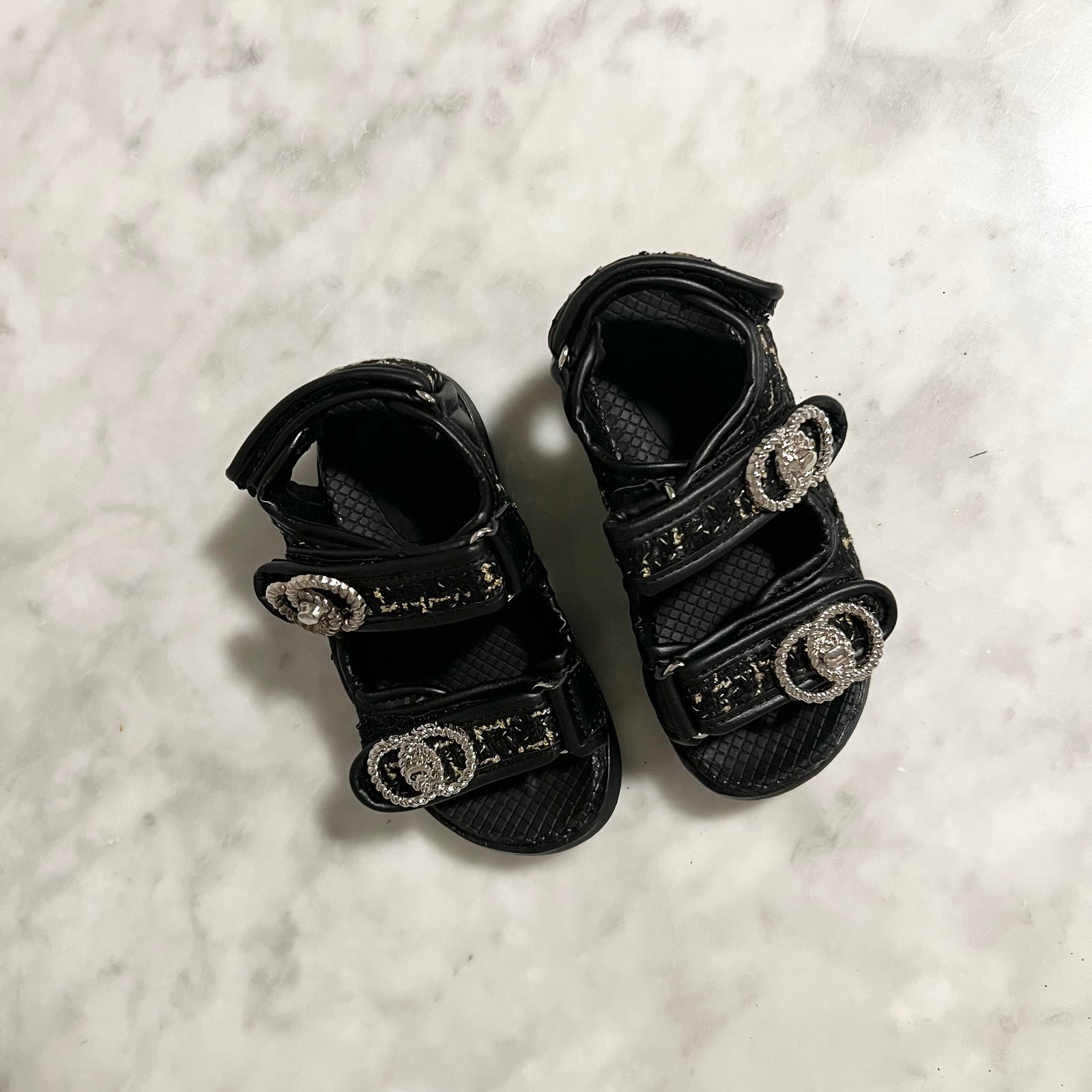 tweed strappy sandals in black