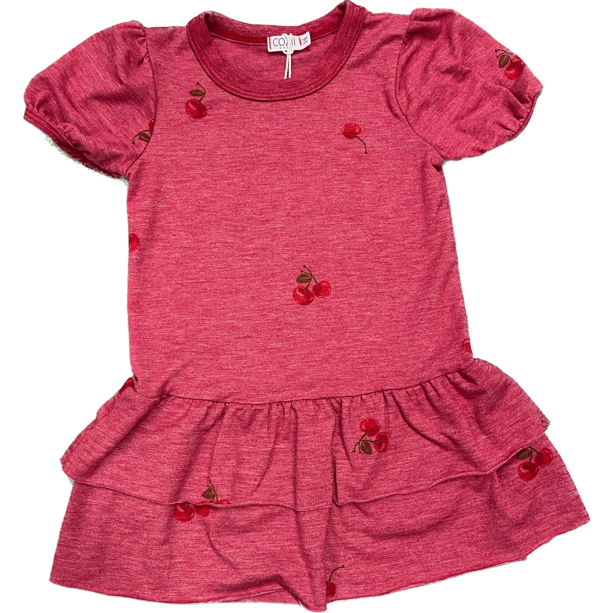 short sleeve puff tiered cherry dress | red