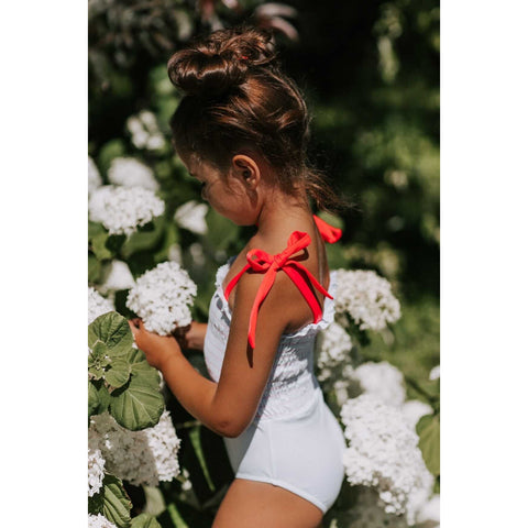 amalia smocked one piece in white/red