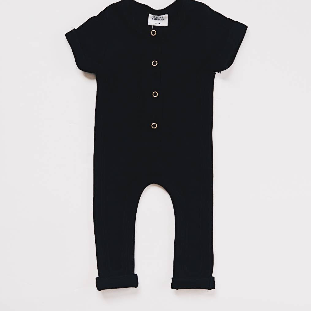 orcas lucille ribbed henley romper in black
