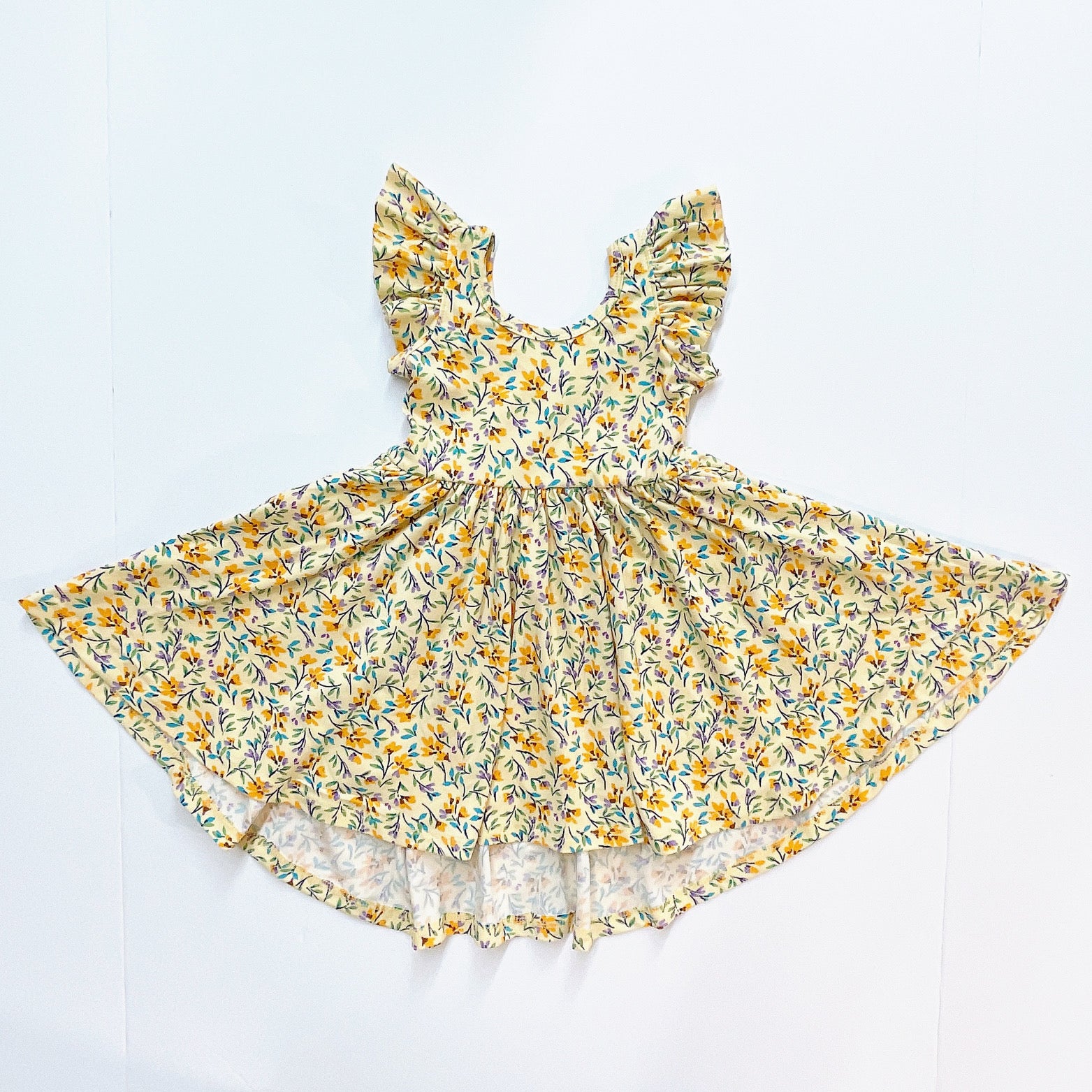 flutter short sleeve twirl dress in yellow floral