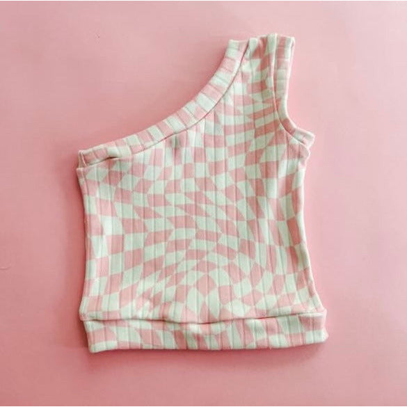 one shoulder top | pink wavy check