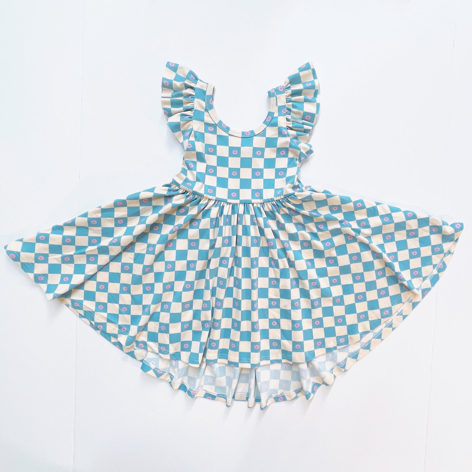 flutter short sleeve twirl dress in blue checkered