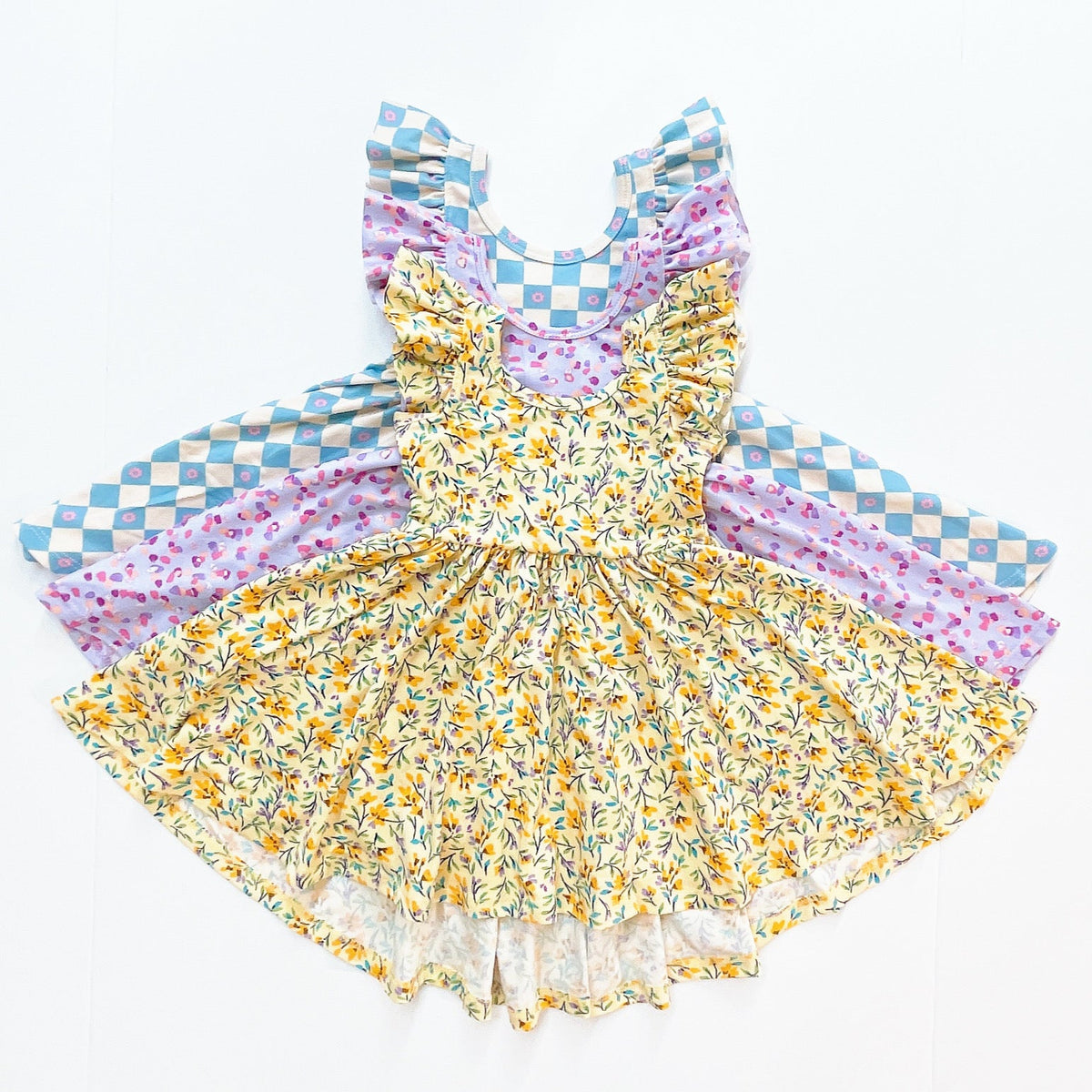 flutter short sleeve twirl dress in yellow floral